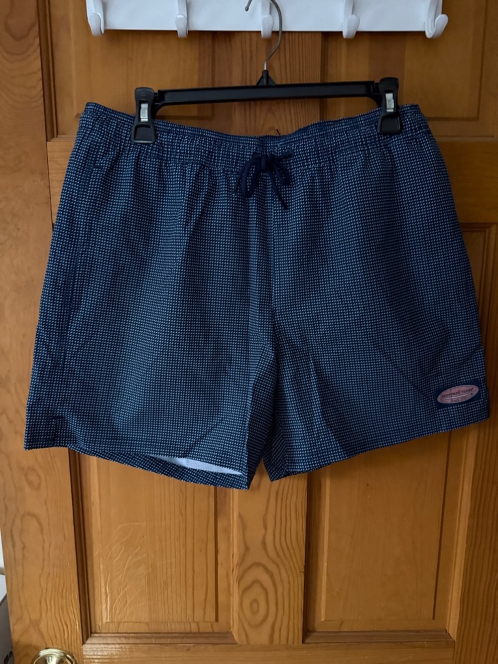 Vineyard Vines Navy Micro-Pattern Swim Shorts with Pink Logo Patch